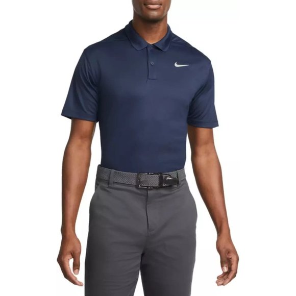 Nike Golf Striped Navy White Polo Shirt Dri-Fit UV - Picture 1 of 8
